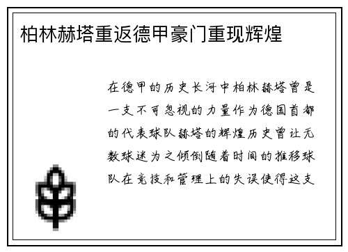 柏林赫塔重返德甲豪门重现辉煌